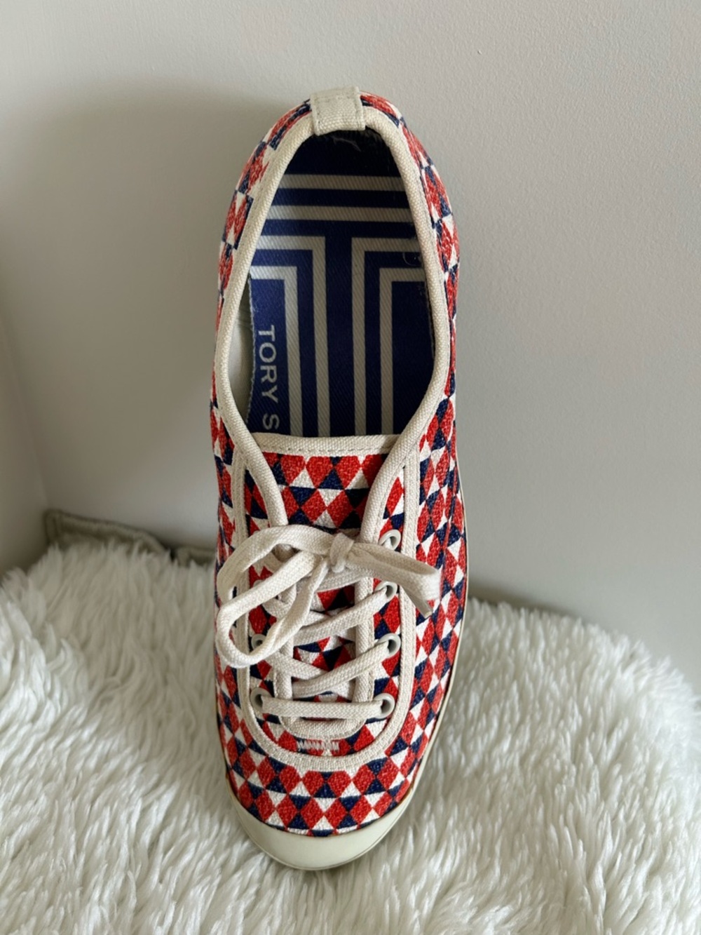 Tory Burch Sport Patterned Red & Blue Canvas Sneakers - Picture 9 of 14